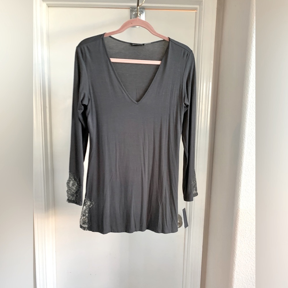 Josie Natori Charcoal Long Sleeve Lace Tunic Nightshirt size: Medium